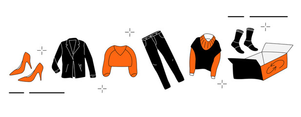 Clothes donation with charity box.Swapping,changing.Doodle style garment elements.Contribution in Eco lifestyle,recycling.Giving wardrobe second life. Flea Market.Orange and black.Horizontal banner