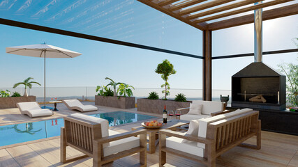 3D render of elegant wooden deck with swimming pool and outdoor furniture - obrazy, fototapety, plakaty