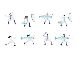 doctors staff wearing medical masks with vaccine covid19 set icons