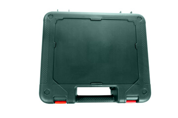 Green plastic tool case, drill, screwdriver, jigsaw