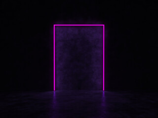 A glowing portal in a dark space. A glowing abstract rectangle of purple color. 3D render.