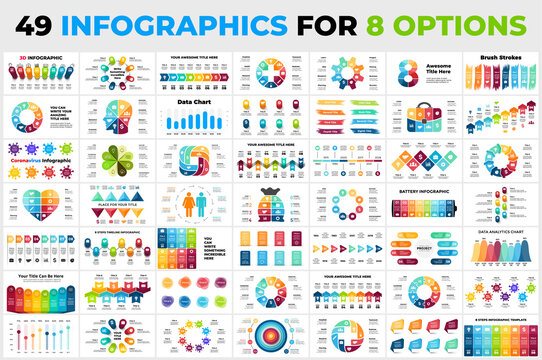 Infographics Set for 8 steps. Arrows elements, timelines. Presentation slide templates. Marketing or business, medicine and ecology. Circle chart diagrams. Cycle options.