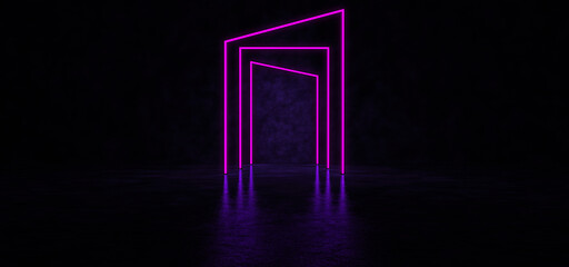 Glowing neon lines of different shapes form a corridor. Abstract glowing lines in dark space. 3D Render.