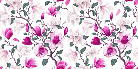 Seamless pattern with realistic spring flowers of white and pink magnolias. Highly detailed vector...