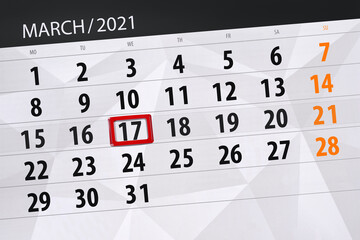 Obraz premium Calendar planner for the month march 2021, deadline day, 17, wednesday.