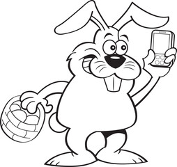 Black and white illustration of a smiling rabbit holding an Easter basket while taking a selfie.