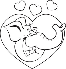 Black and white illustration of an smiling elephant head with hearts in the background.