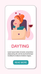 Vector app landing page or template woman online dayting. Celebrates valentine's day, drinking wine and have virtual meeting.