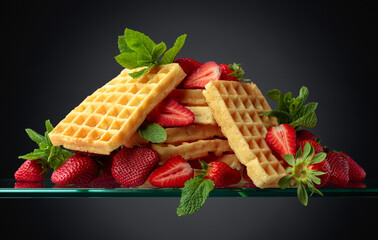 Waffles with strawberries and mint.