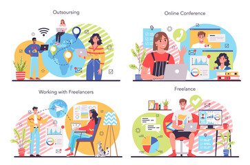 Freelance or outsoursing concept set. People working remotely