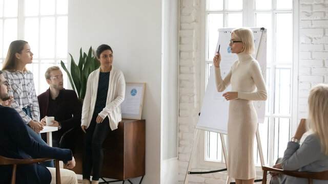 Business team leader presenting sales reports at corporate meeting. Presenter giving workshop to group of managers, explaining graphs on flipchart. Presentation, female leadership concept