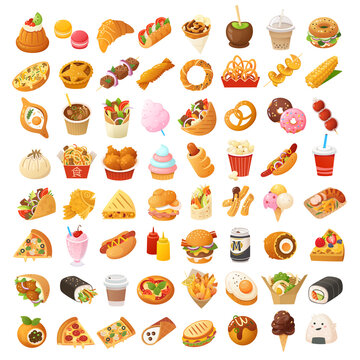 Big variety of colorful fast foods from many countries of the world.  Pastry, desserts, fun fair treats, breakfast and lunch snacks from street vendors and cafe.  Set of isolated vector cartoon icons.
