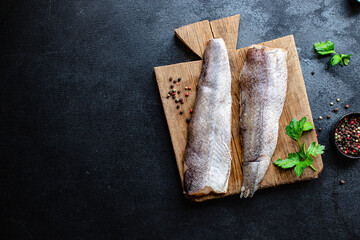 raw hake fish fillet seafood omega  on the table healthy meal snack top view copy space for text food background image rustic