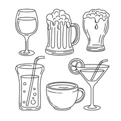Glass with cocktails and alcohol drink thin line vector illustration. isolated with hand drawn style