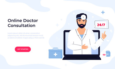 Man otorhinolaryngologist doctor with head reflector consults online by video call on laptop. Ent clinic. Telemedicine concept. Chat with a medical worker. Web page template