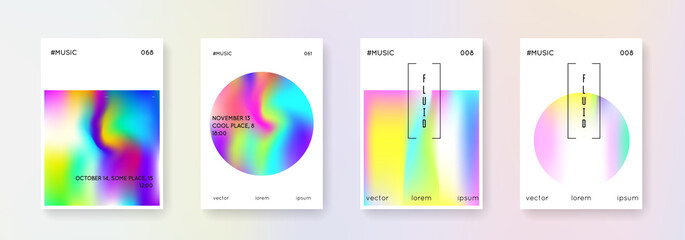 Hologram abstract backgrounds set. Spectrum hologram backdrop with gradient mesh. 90s, 80s retro style. Iridescent graphic template for placard, presentation, banner, brochure.