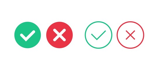 Ok cancel check mark symbols. Red green correct reject web buttons flat line yes no tick icons. Vector illustration