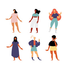 Obraz premium group of six girls characters with diferent dresses