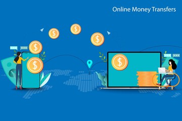 Concept of online money transfers, two young woman are working on the electronic devices both smartphone and laptop to transfer the money. The golden coins are floating between two devices.