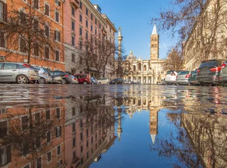 Deurstickers Rome, Italy - in Winter time, frequent rain showers create pools in which the wonderful Old Town of Rome reflects like in a mirror. Here in particular Santa Maria Maggiore © SirioCarnevalino
