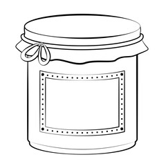 Jam jar screw glass with blank label, outline comic style vector illustration on white background, to be colored.
