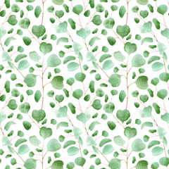 Seamless floral pattern with eucalyptus leaves on white background. Botanical illustration for textile and decor