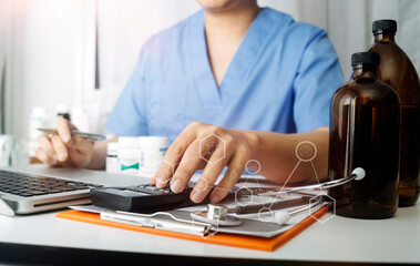 Fototapeta premium General Medical Services (GMS) and general practitioners (GPs or family physicians). Successful diagrams. Smart doctors make report notes (COVID-19).