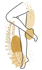Silhouette of a lady's legs. The girl is slim and elegant. Nearby are green leaves. Suitable for advertising cosmetics. Vector illustration.