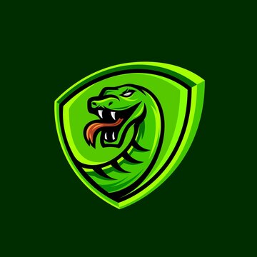Green viper snake sport mascot logo design icon with emblem badge shield in modern Illustration Vector.