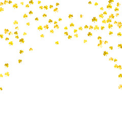 Clover background for Saint Patricks Day. Lucky trefoil confetti. Glitter frame of shamrock leaves. Template for gift coupons, vouchers, ads, events. Festive clover background.