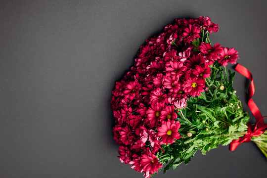 Spring flowers. Valentine's day background. Bouquet of red chrysanthemum. Present gift for Mother's day. Space