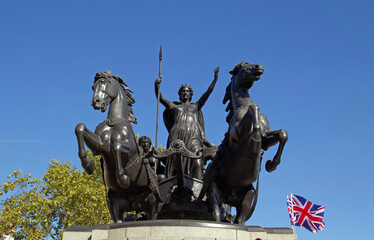 Westminster Bridge: A statue of Boudica or Boudicca, aka Boadicea is a British folk hero, who led an uprising against the occupying forces of the Roman Empire in AD 60