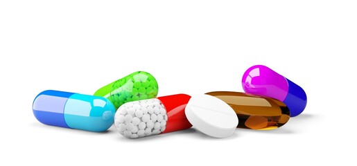 Different pill capsules hap over white background, medical treatment, pharmaceutical or medication concept