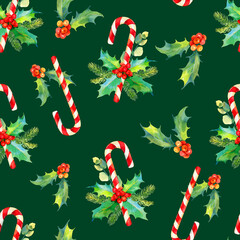 Christmas seamless watercolor pattern. Tasty set of Christmas sweets. Watercolor illustration of candy cane and holly branches and berries. Watercolor christmas traditional pattern for wrapping paper