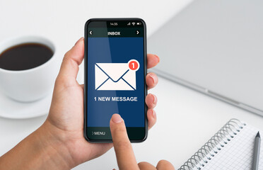 Phone With New E-Mail Message Notification In Females Hands, Closeup