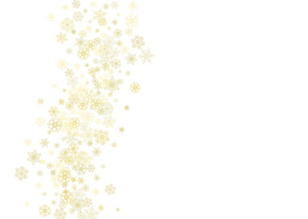 Glitter snowflakes frame on white horizontal background. Shiny Christmas and New Year frame for gift certificate, ads, banners, flyers. Falling snow with golden glitter snowflakes for party invite