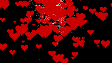 Fototapeta na wymiar Abstract movement of hearts, valentines and striped rectangles in space. Close-up. View from above. Disco, stage, background. 3d illustration. Isolated black background.