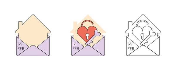 House icon and lock symbols inside the envelope. Valentine's day thin line icon set. February 14 Valentine's Day. White simple February 14 black and color symbol. Web design, logo design, poster.