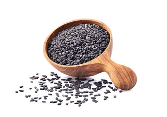Black Sesame seeds in wooden spoon isolated on white background