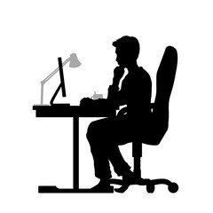 Black silhouette. Man working at computer. Isolated freelancer with PC. Programmer in office. Businessman sitting on armchair