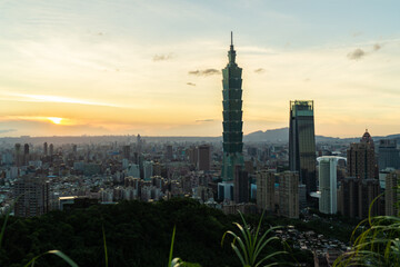 Fototapeta na wymiar Panorama of Taipei's skyline in Taiwan. Photo taken from the elephant trail viewpoint, one of the most famous spots in the city