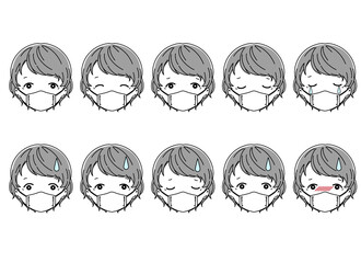 笑顔や落ち込んだり困ったり風邪をひいたり色んな表情のおばあちゃんの顔のイラストセット Aged Wall Mural Ag アオフジマキ