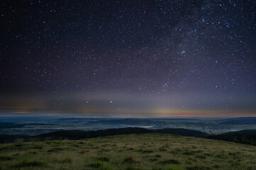 Beautiful panorama, starry night in winter in a field