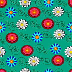 Naklejka na ściany i meble Vector flower seamless pattern. Spring, summer background, paper cut, colorful banner, bright cover