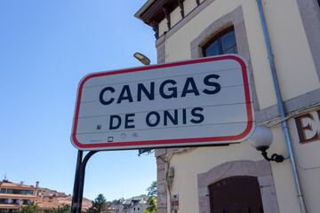 Cangas de Onis, Spain - September 4, 2020: Spanish Road Signs. Traffic sign on the road indicating the entrance to the village. Cangas de Onis city limit road sign.