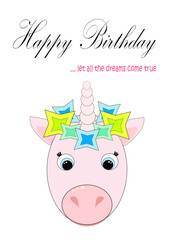 happy birthday, cartoon cute blue-eyed pink unicorn with horn and colored decoration	