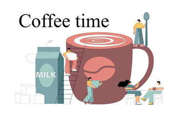 Coffee time concept. Little people make and drink coffee. Lunch. Break. Vector illustration