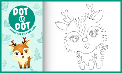 Connect the dots kids game and coloring page with a cute deer character illustration