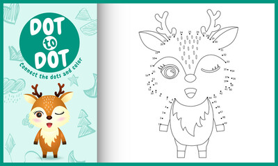 Connect the dots kids game and coloring page with a cute deer character illustration