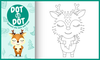 Connect the dots kids game and coloring page with a cute deer character illustration